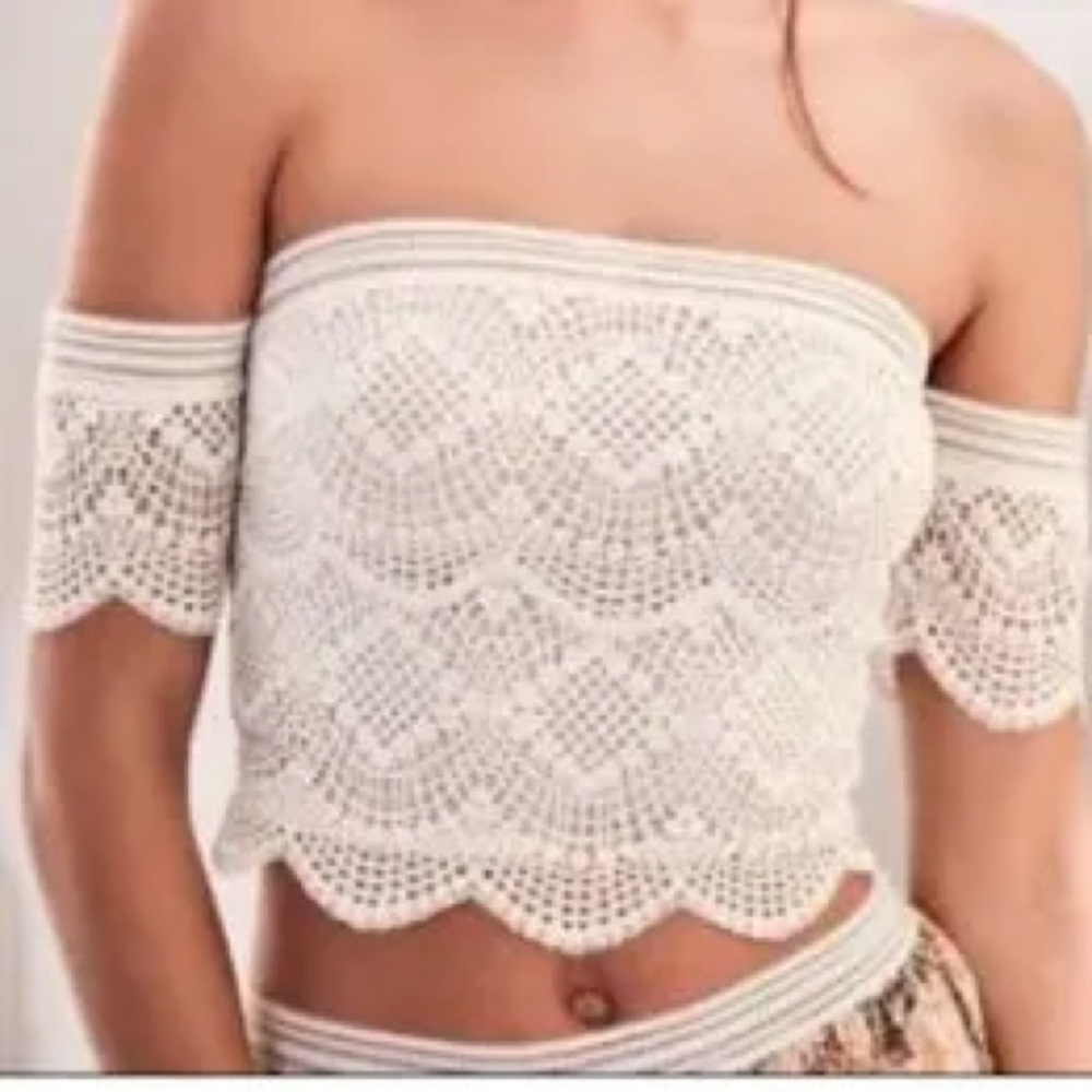 Vitcoria’s Secret Off-Shoulder Crochet Crop Top in White
